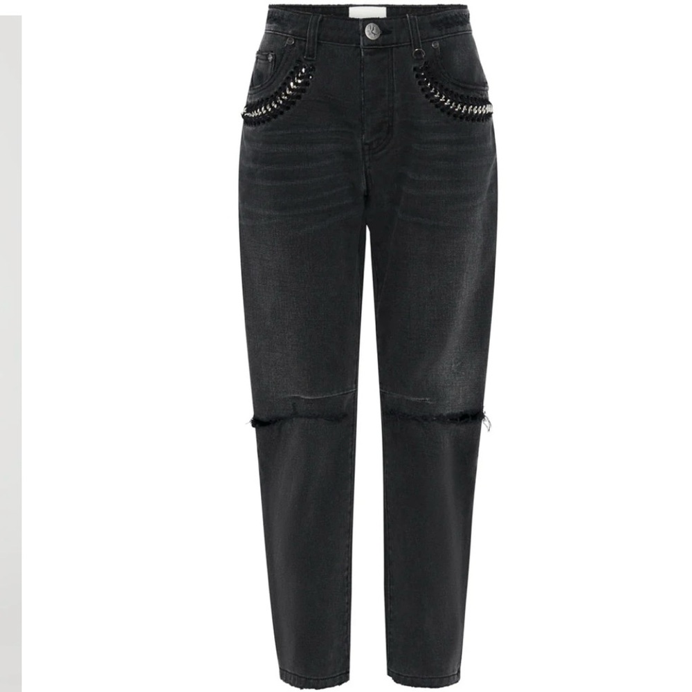 One Teaspoon Black Distressed Boyfriend Jeans with Studded Pocket Trim